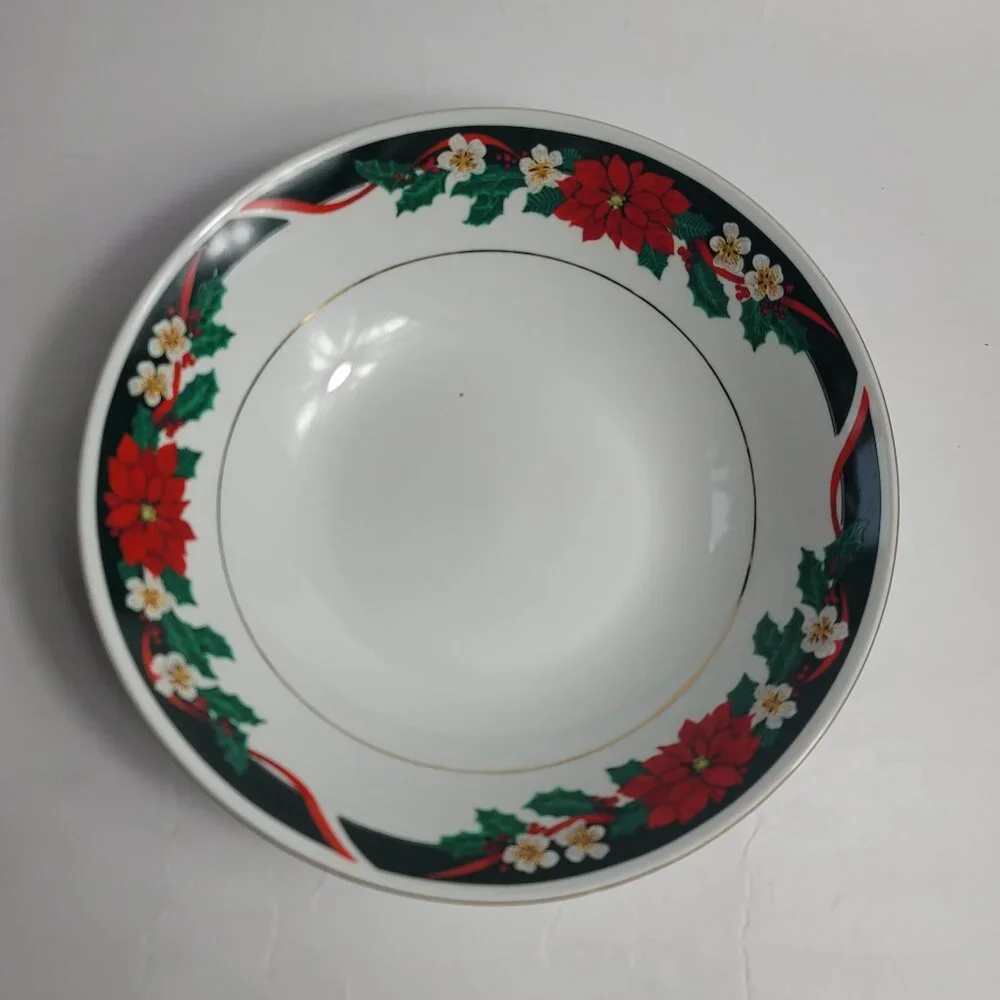 Tienshan Deck the Halls Serving Bowl Poinsettias & Ribbons Christmas China